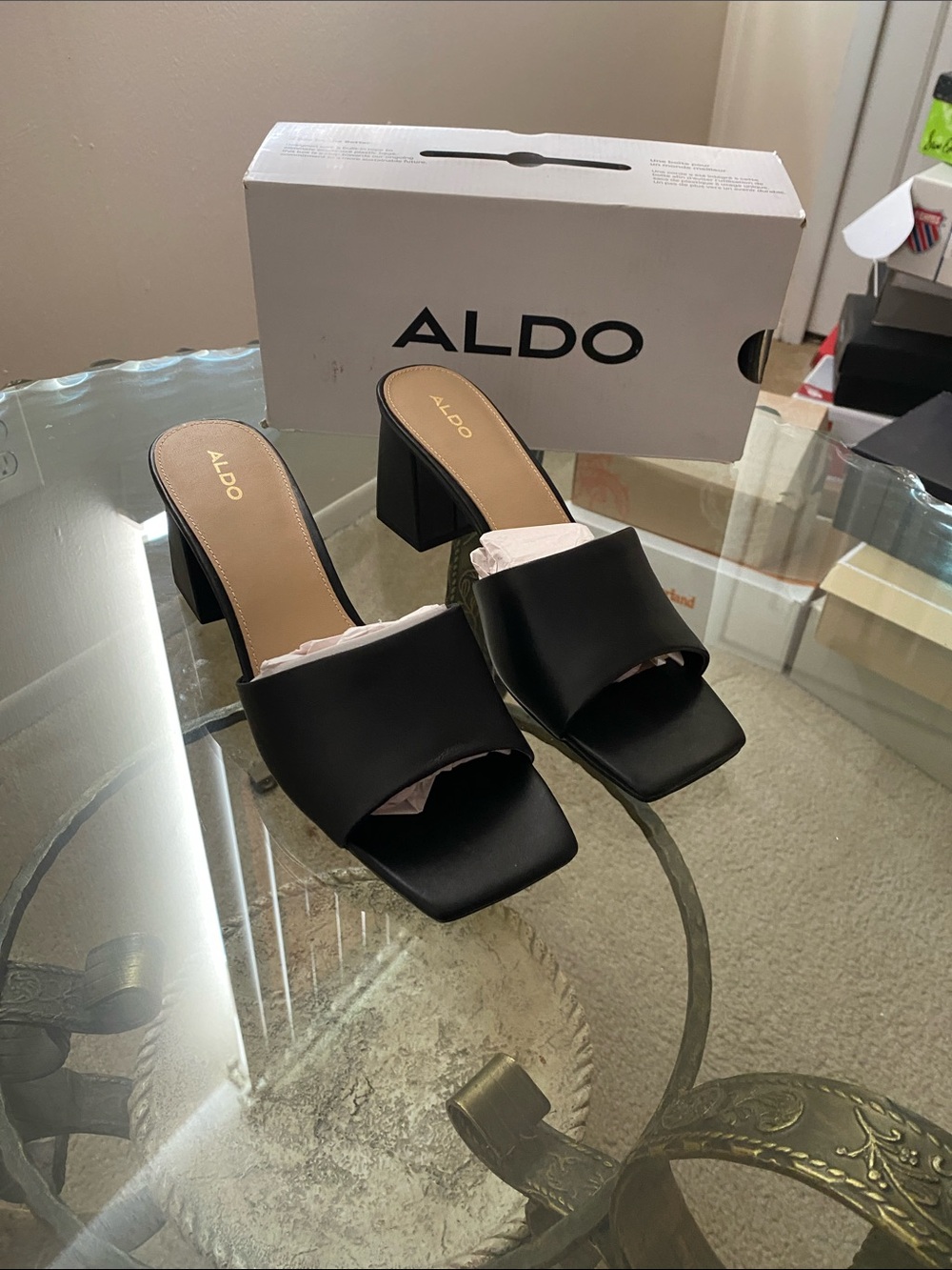 ALDO Black Square Toe Block Heel Slide Mules